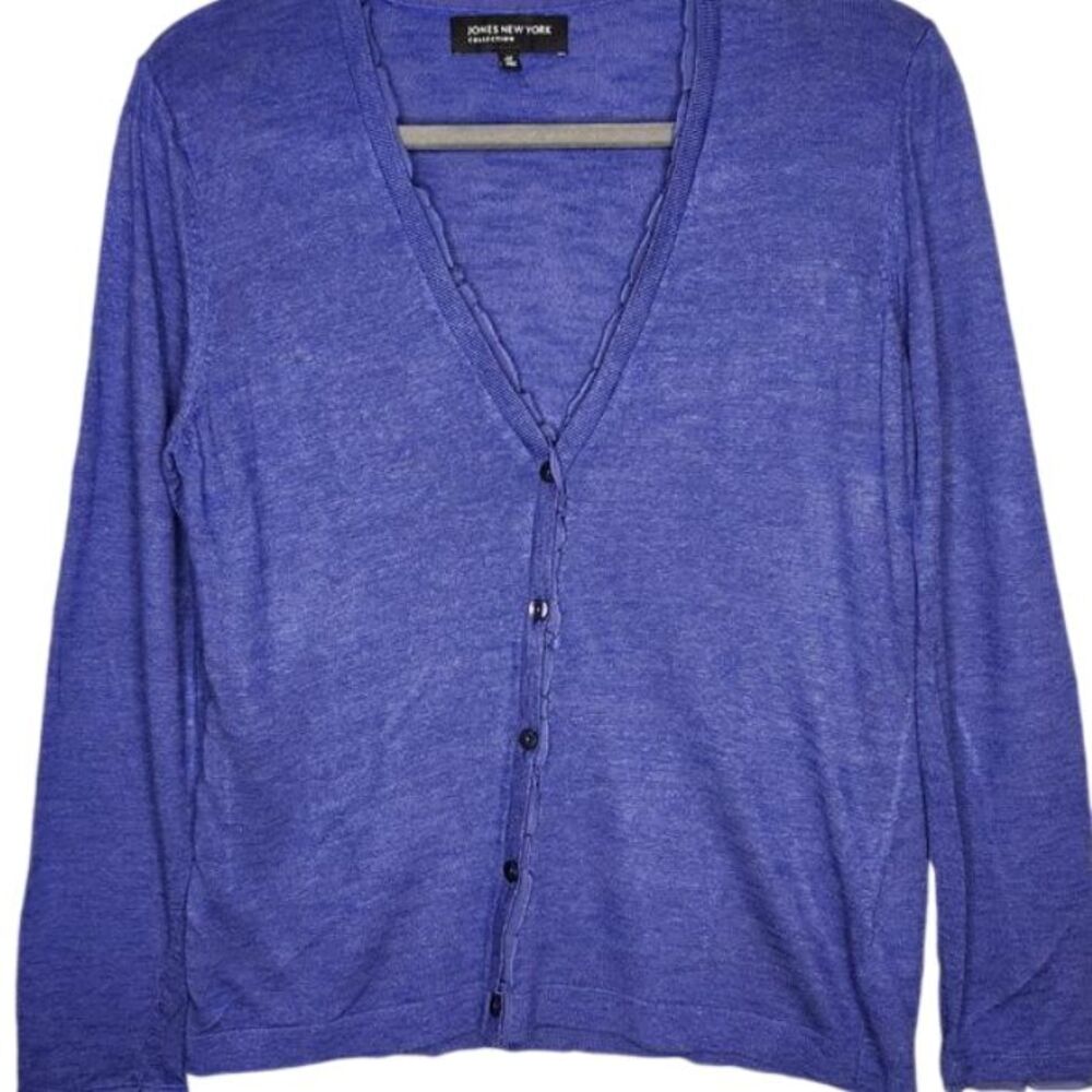 Jones New York Womans Sweater Cardigan Med Blue Knitted Button Front V neck